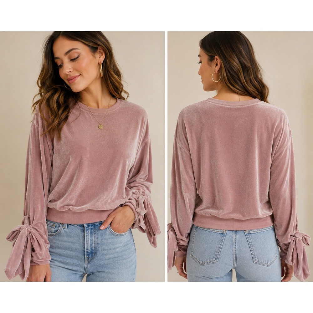 Express One Eleven Sweatshirt XS Pink Velvet Tie Sleeve Pullover Coquette Soft‎